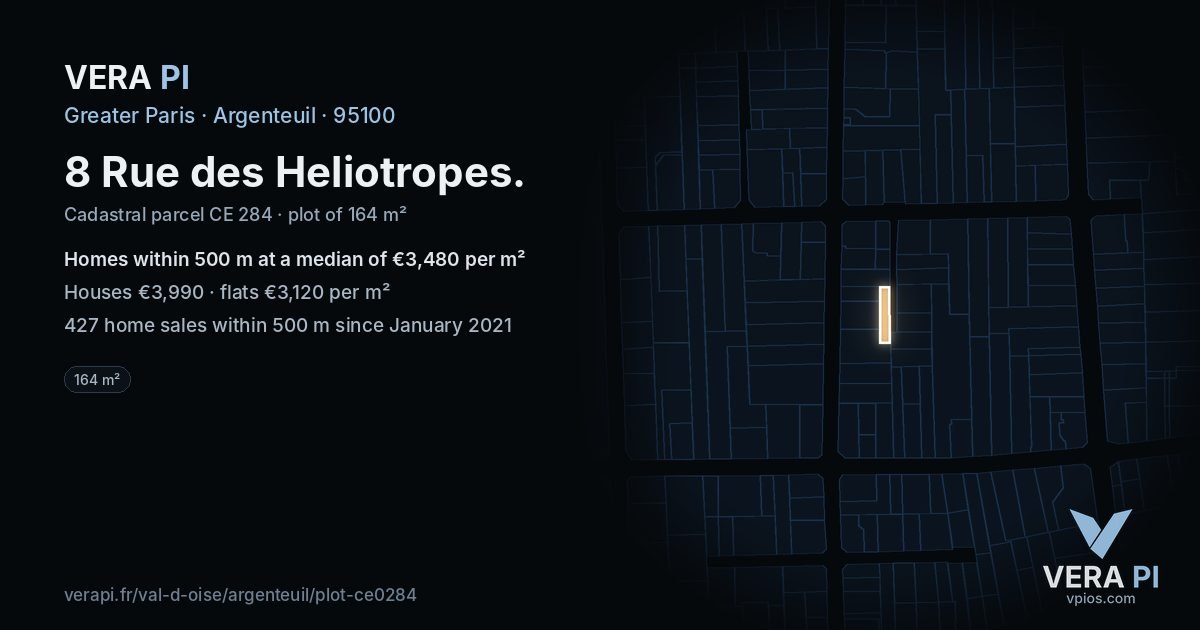 8 Rue des Heliotropes, Argenteuil at night – the plot lit, the parcels around coloured by the prices near them