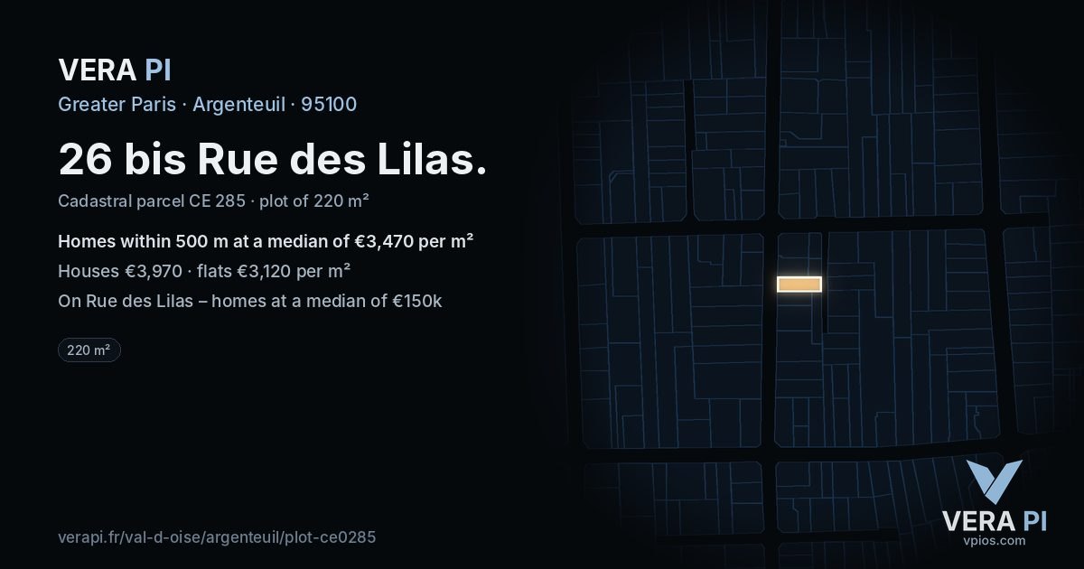 26 bis Rue des Lilas, Argenteuil at night – the plot lit, the parcels around coloured by the prices near them