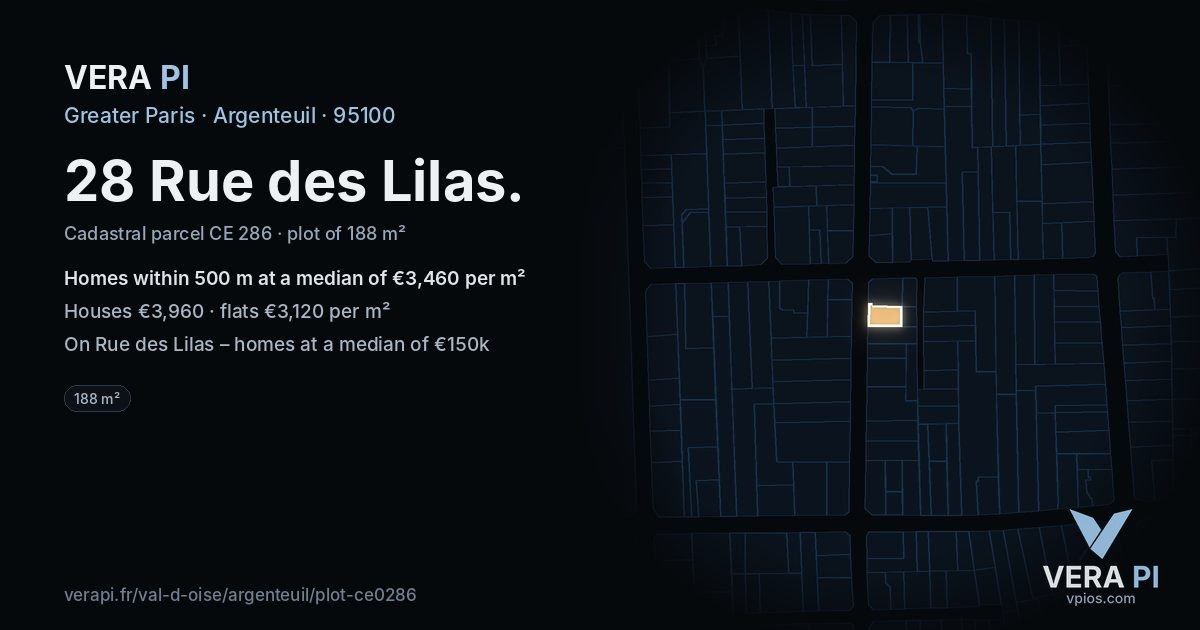 28 Rue des Lilas, Argenteuil at night – the plot lit, the parcels around coloured by the prices near them