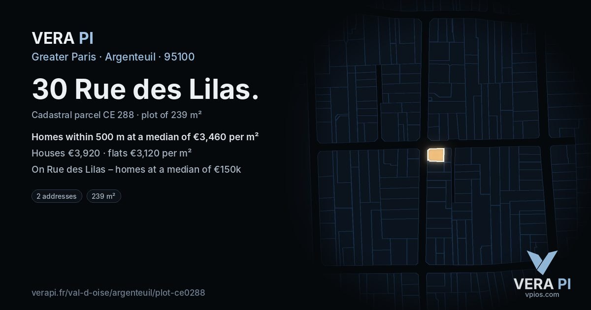 30 Rue des Lilas, Argenteuil at night – the plot lit, the parcels around coloured by the prices near them