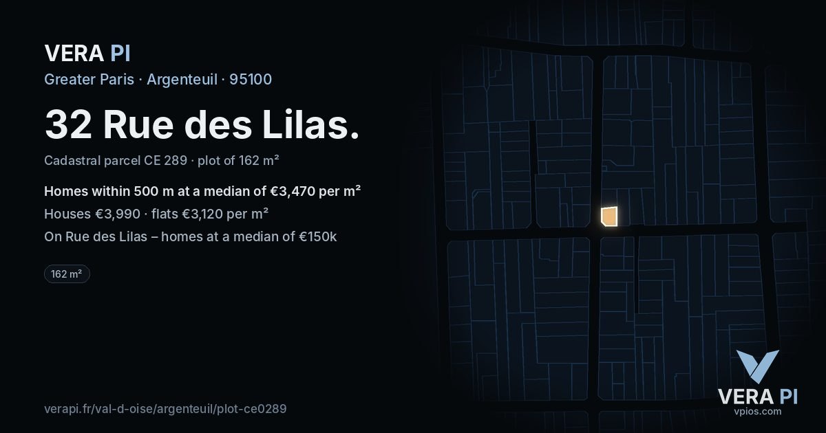 32 Rue des Lilas, Argenteuil at night – the plot lit, the parcels around coloured by the prices near them