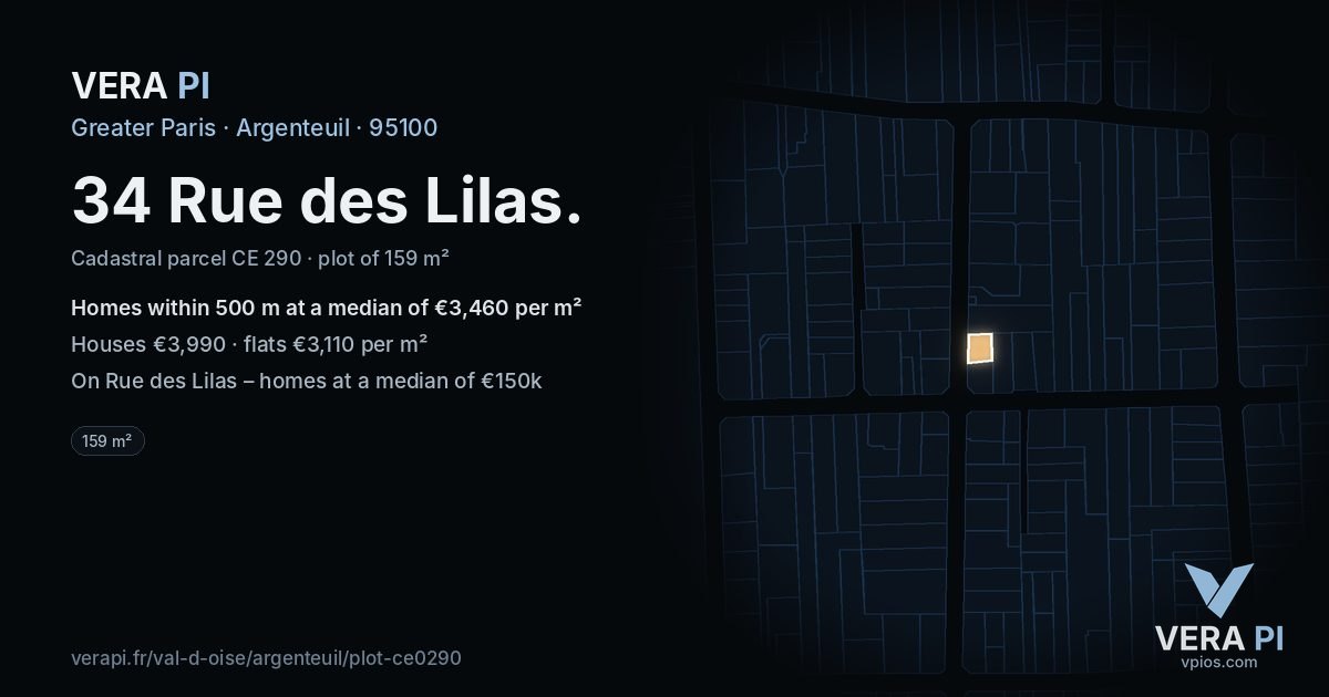 34 Rue des Lilas, Argenteuil at night – the plot lit, the parcels around coloured by the prices near them