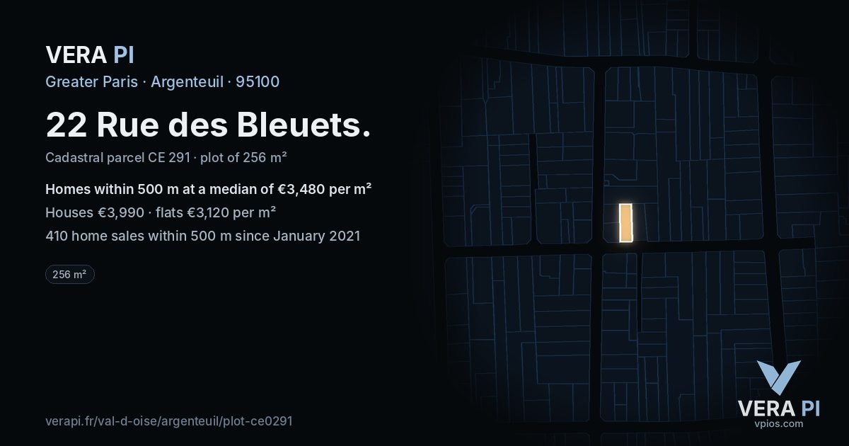 22 Rue des Bleuets, Argenteuil at night – the plot lit, the parcels around coloured by the prices near them