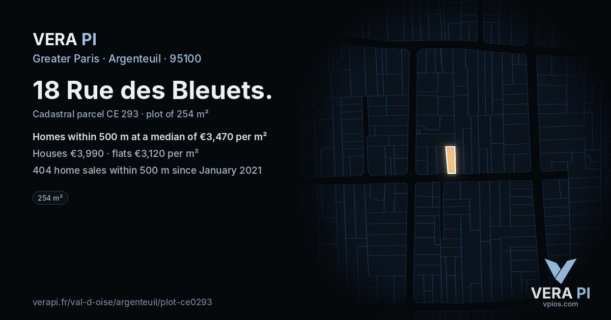 18 Rue des Bleuets, Argenteuil at night – the plot lit, the parcels around coloured by the prices near them