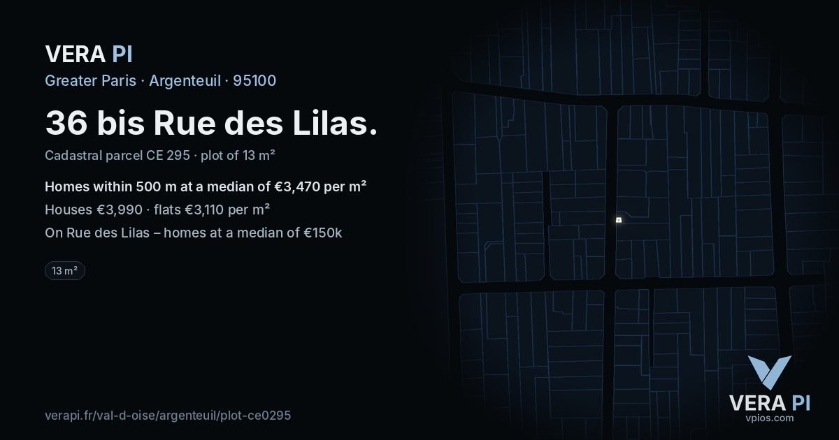 36 bis Rue des Lilas, Argenteuil at night – the plot lit, the parcels around coloured by the prices near them