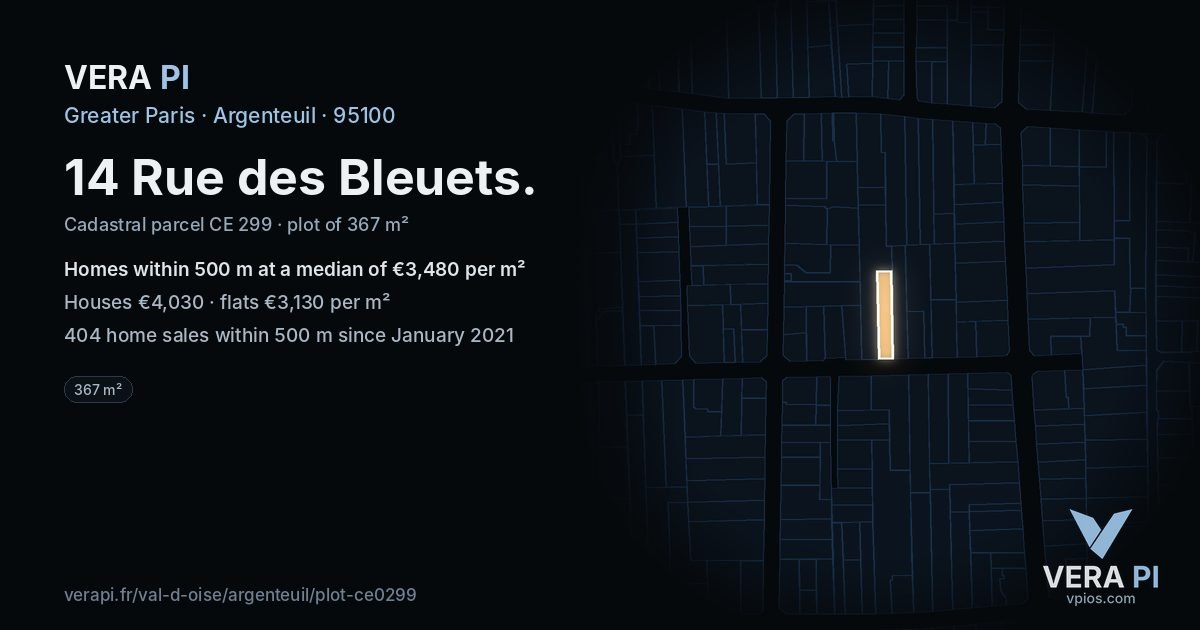 14 Rue des Bleuets, Argenteuil at night – the plot lit, the parcels around coloured by the prices near them