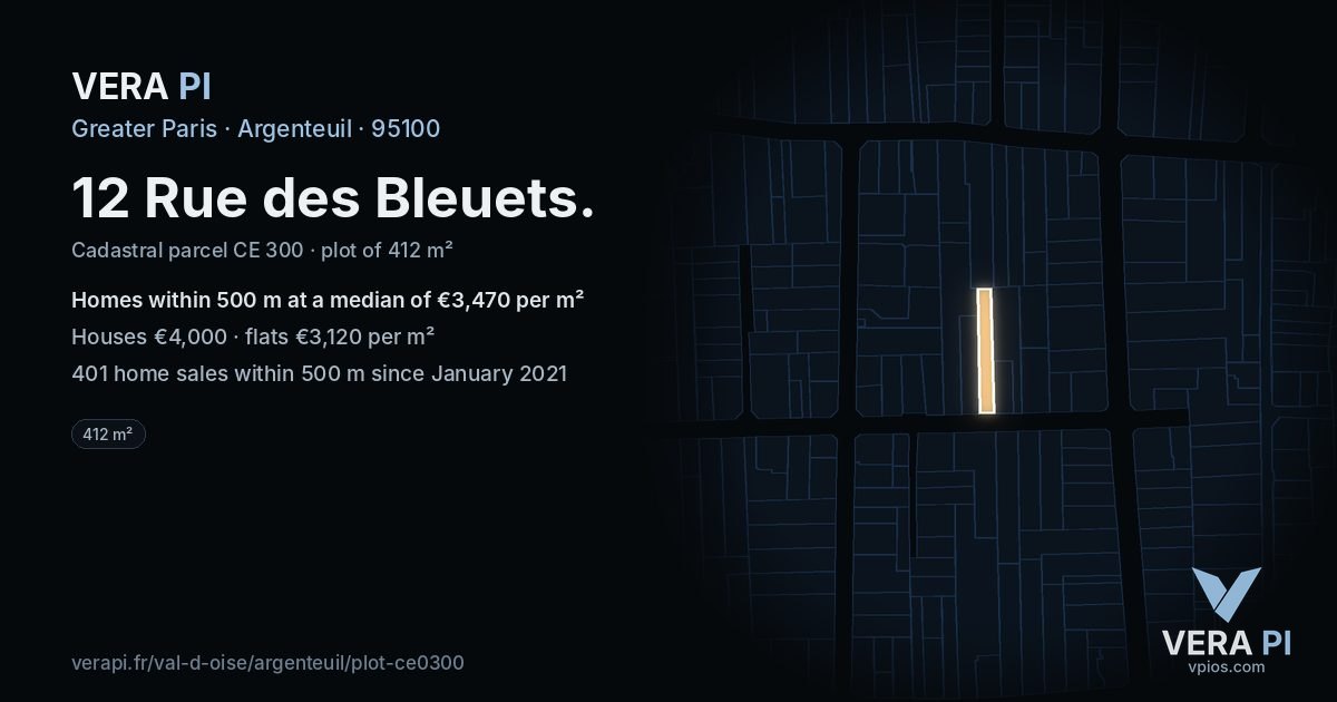 12 Rue des Bleuets, Argenteuil at night – the plot lit, the parcels around coloured by the prices near them