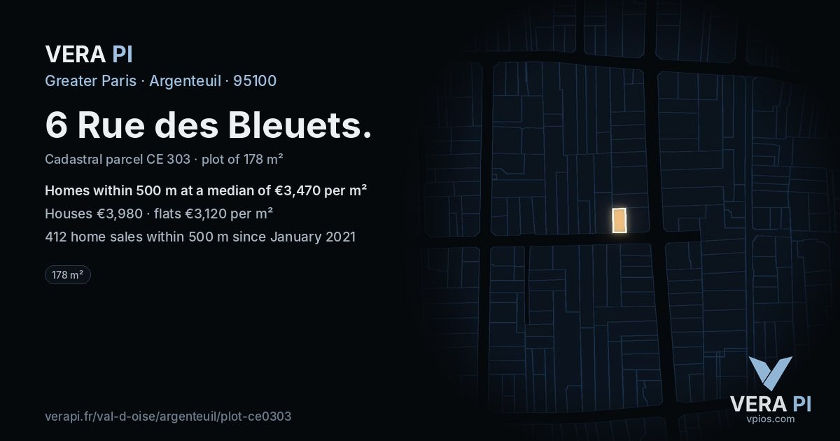6 Rue des Bleuets, Argenteuil at night – the plot lit, the parcels around coloured by the prices near them