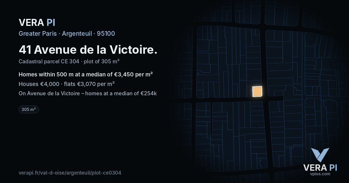 41 Avenue de la Victoire, Argenteuil at night – the plot lit, the parcels around coloured by the prices near them