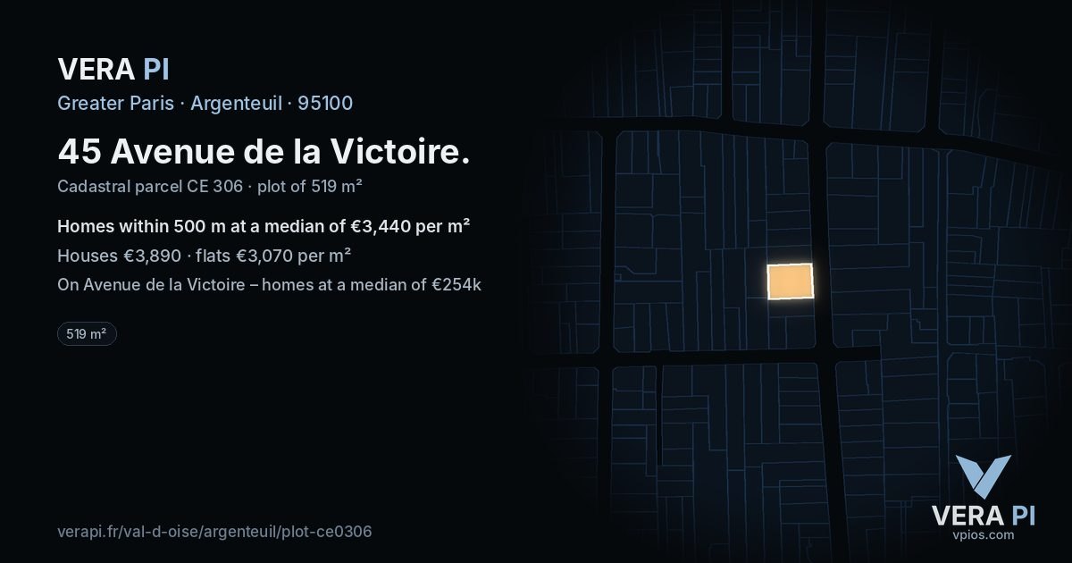 45 Avenue de la Victoire, Argenteuil at night – the plot lit, the parcels around coloured by the prices near them