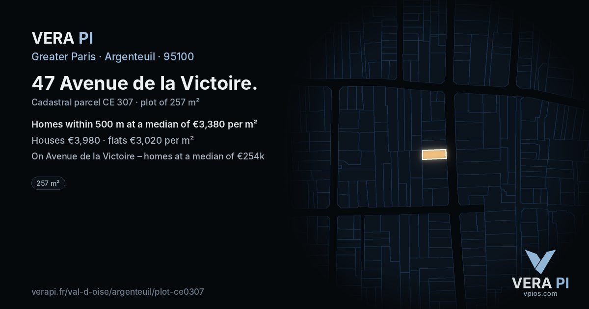 47 Avenue de la Victoire, Argenteuil at night – the plot lit, the parcels around coloured by the prices near them