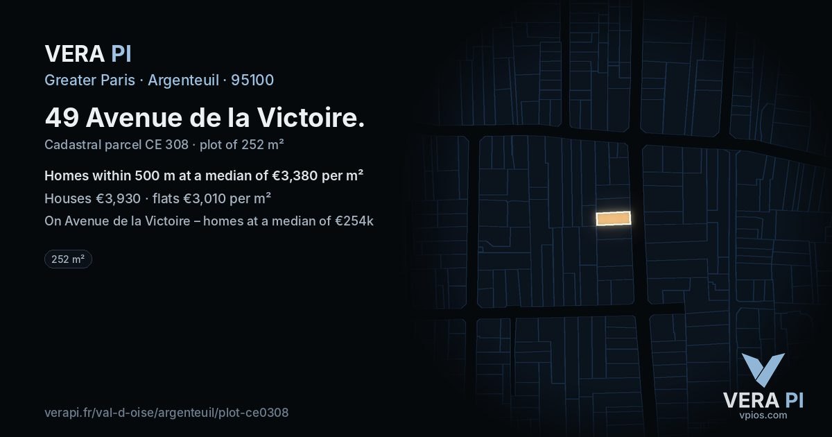 49 Avenue de la Victoire, Argenteuil at night – the plot lit, the parcels around coloured by the prices near them