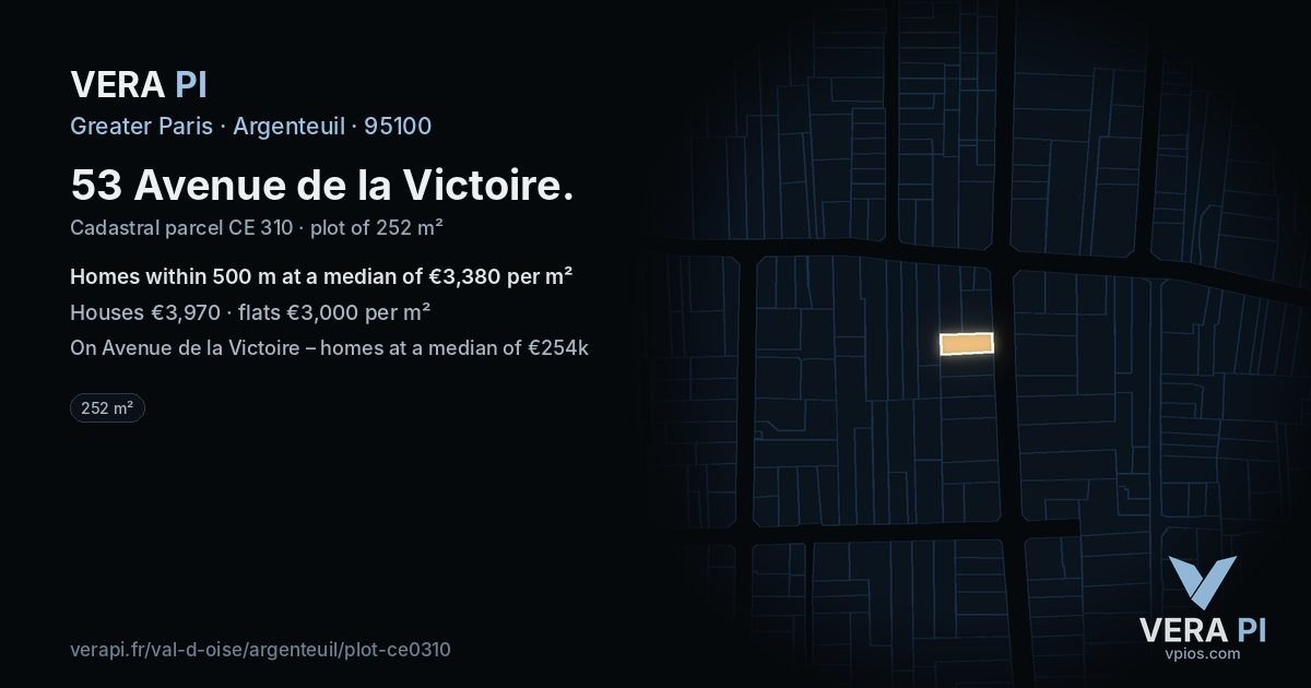 53 Avenue de la Victoire, Argenteuil at night – the plot lit, the parcels around coloured by the prices near them