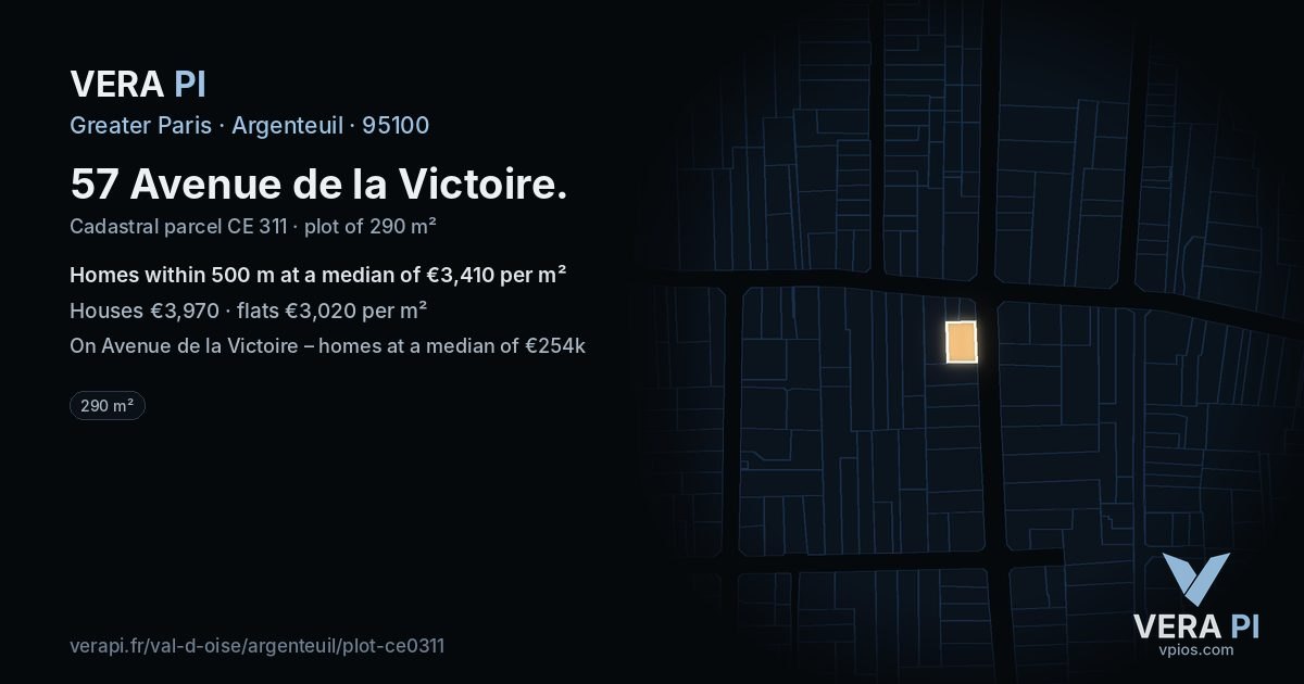 57 Avenue de la Victoire, Argenteuil at night – the plot lit, the parcels around coloured by the prices near them