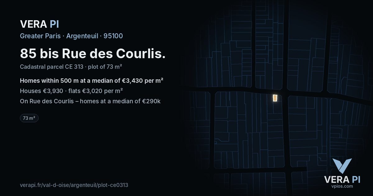 85 bis Rue des Courlis, Argenteuil at night – the plot lit, the parcels around coloured by the prices near them