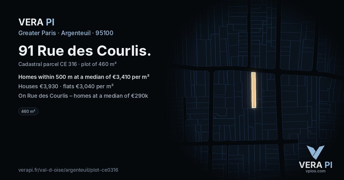 91 Rue des Courlis, Argenteuil at night – the plot lit, the parcels around coloured by the prices near them