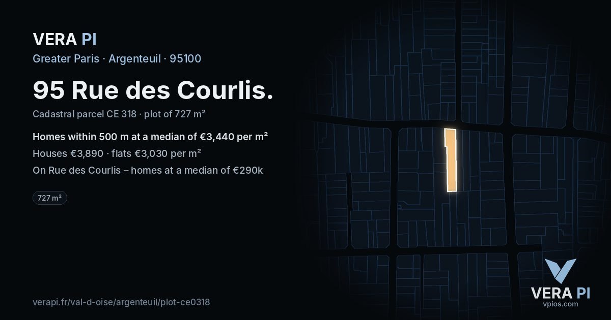 95 Rue des Courlis, Argenteuil at night – the plot lit, the parcels around coloured by the prices near them