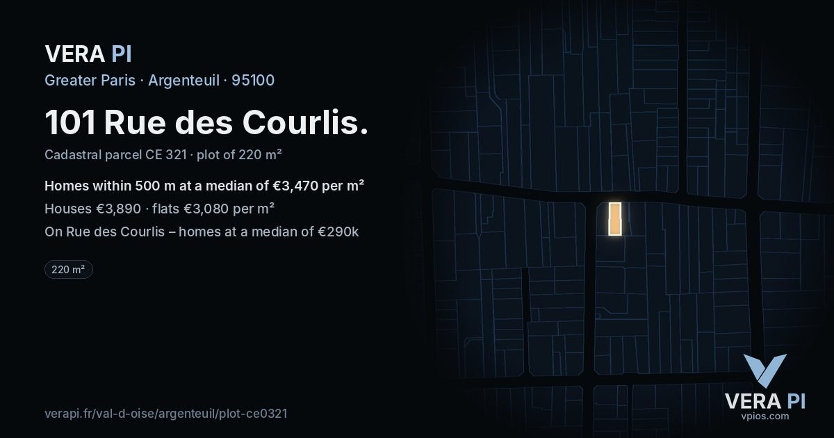 101 Rue des Courlis, Argenteuil at night – the plot lit, the parcels around coloured by the prices near them