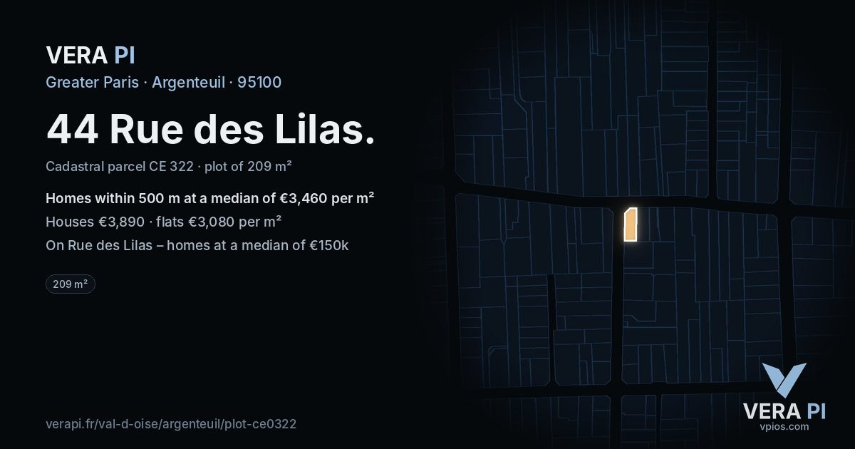 44 Rue des Lilas, Argenteuil at night – the plot lit, the parcels around coloured by the prices near them