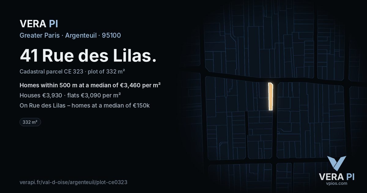 41 Rue des Lilas, Argenteuil at night – the plot lit, the parcels around coloured by the prices near them