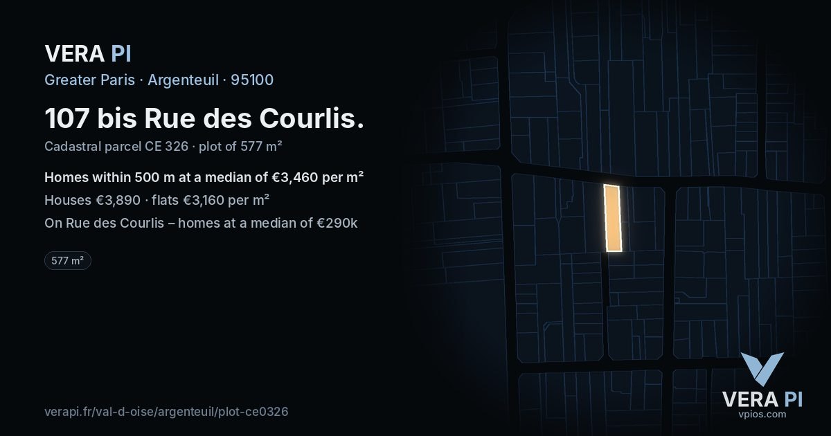 107 bis Rue des Courlis, Argenteuil at night – the plot lit, the parcels around coloured by the prices near them