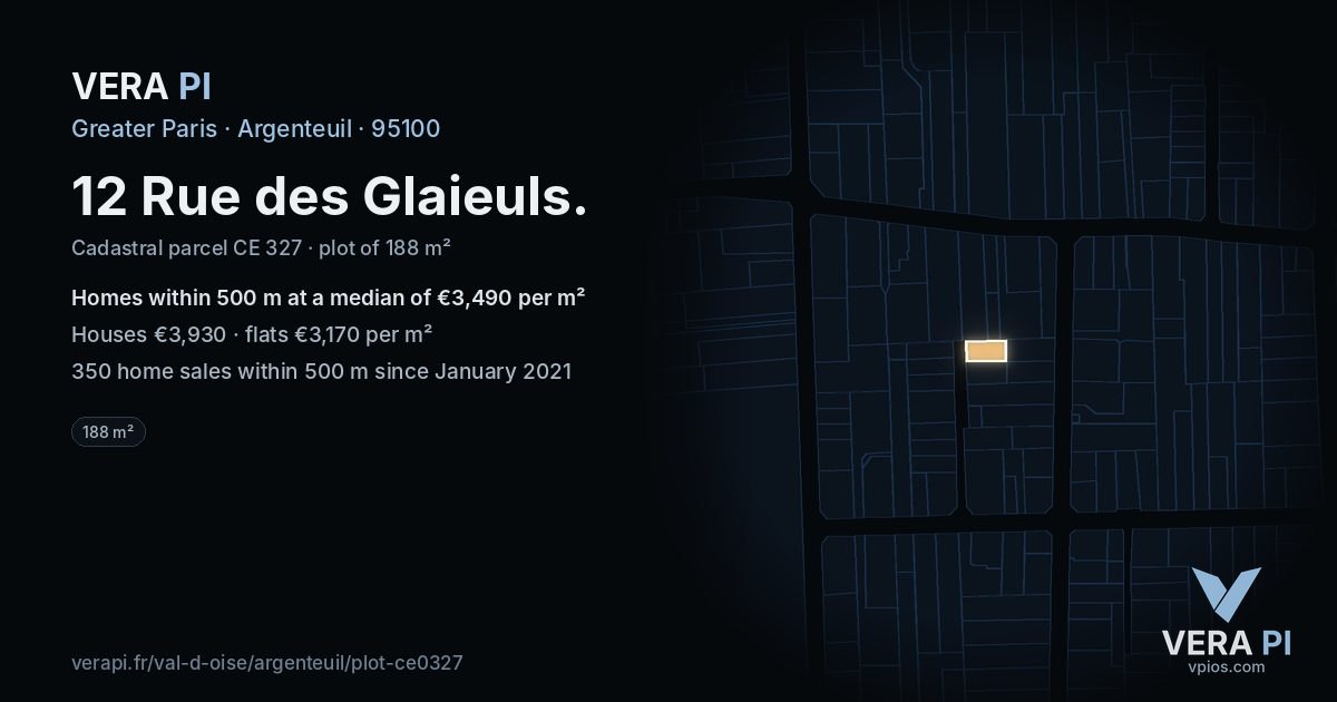 12 Rue des Glaieuls, Argenteuil at night – the plot lit, the parcels around coloured by the prices near them