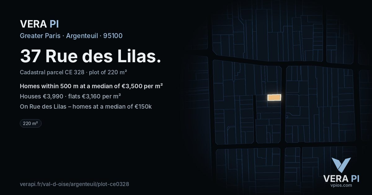 37 Rue des Lilas, Argenteuil at night – the plot lit, the parcels around coloured by the prices near them