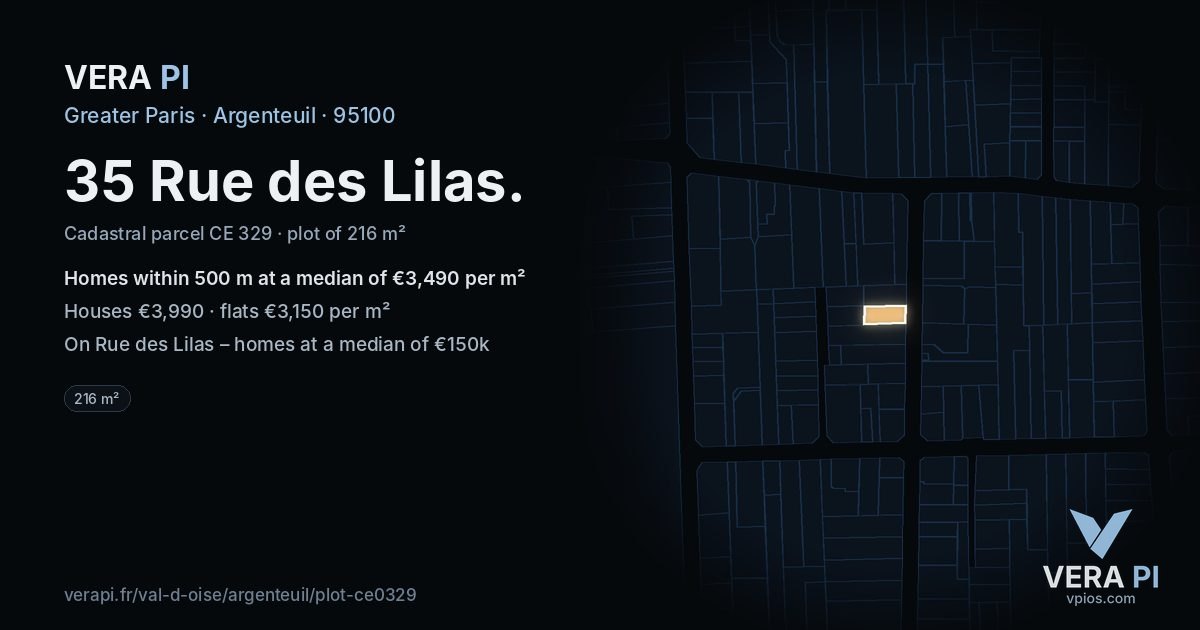 35 Rue des Lilas, Argenteuil at night – the plot lit, the parcels around coloured by the prices near them