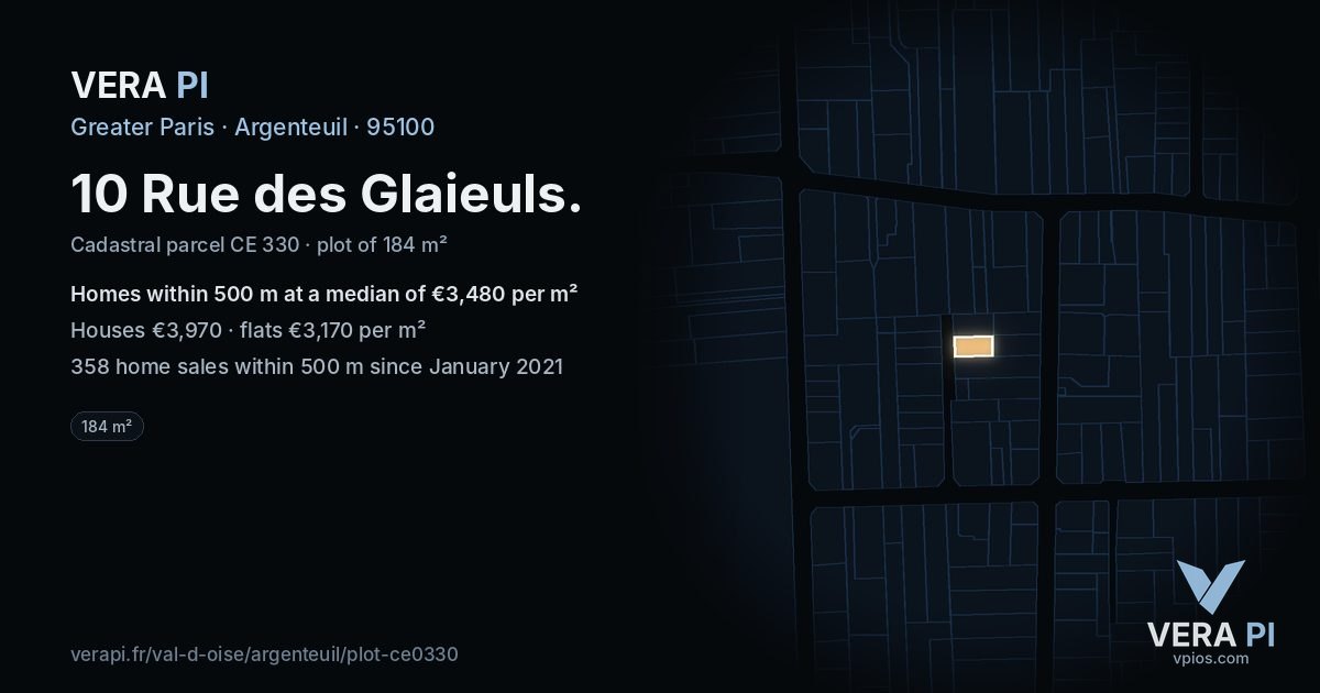 10 Rue des Glaieuls, Argenteuil at night – the plot lit, the parcels around coloured by the prices near them