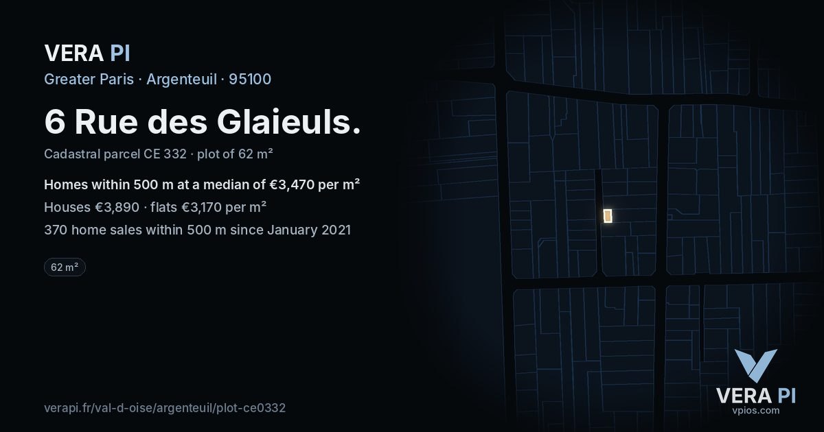 6 Rue des Glaieuls, Argenteuil at night – the plot lit, the parcels around coloured by the prices near them