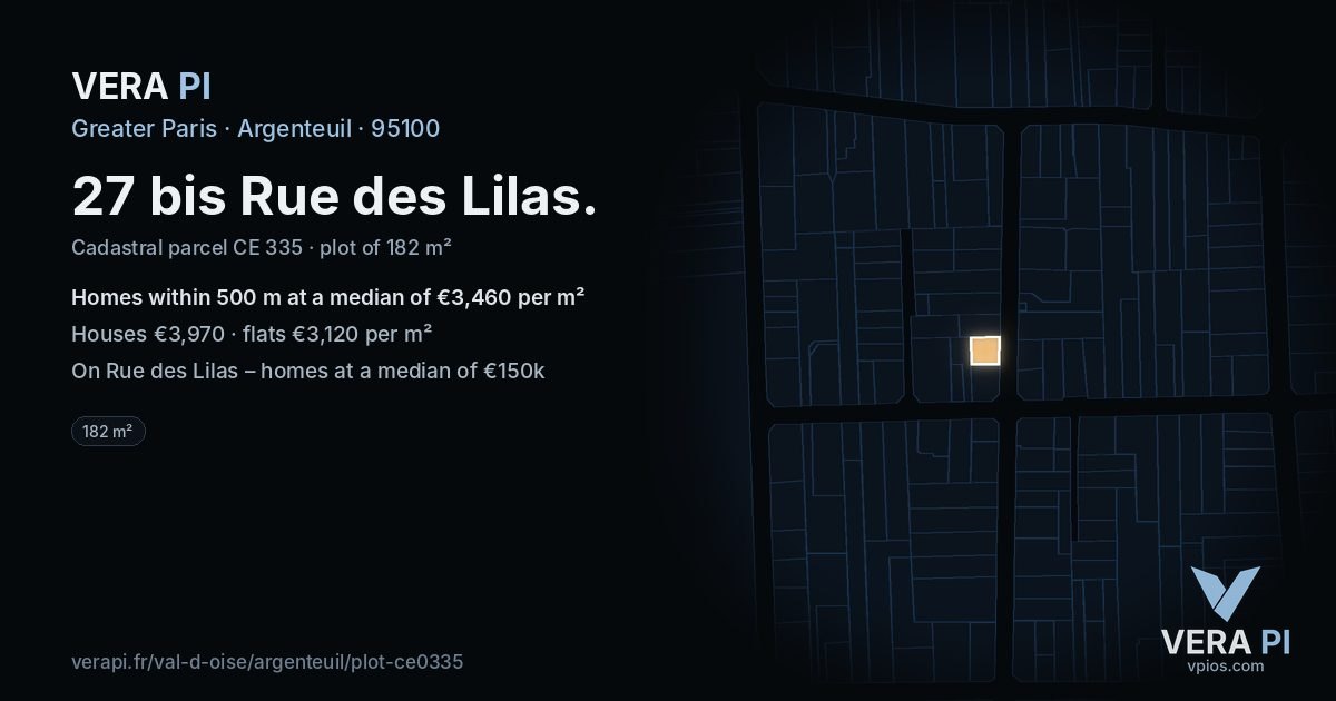 27 bis Rue des Lilas, Argenteuil at night – the plot lit, the parcels around coloured by the prices near them