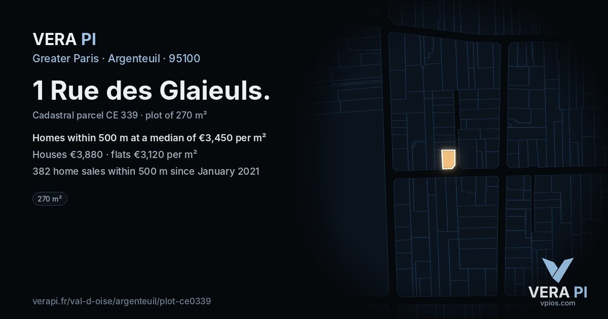 1 Rue des Glaieuls, Argenteuil at night – the plot lit, the parcels around coloured by the prices near them