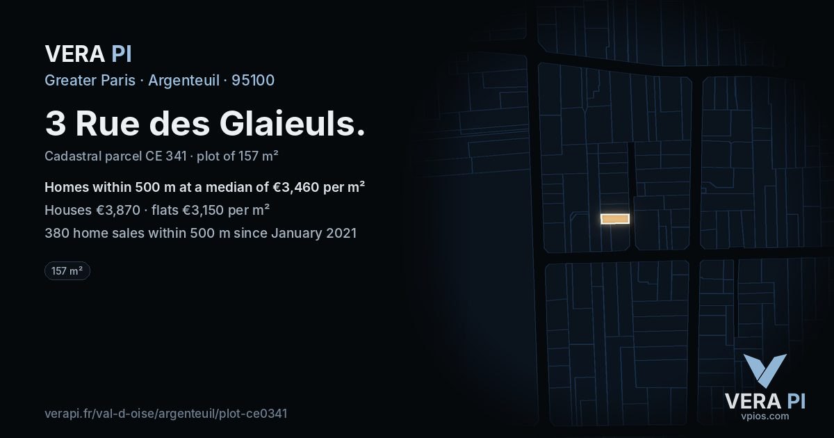 3 Rue des Glaieuls, Argenteuil at night – the plot lit, the parcels around coloured by the prices near them