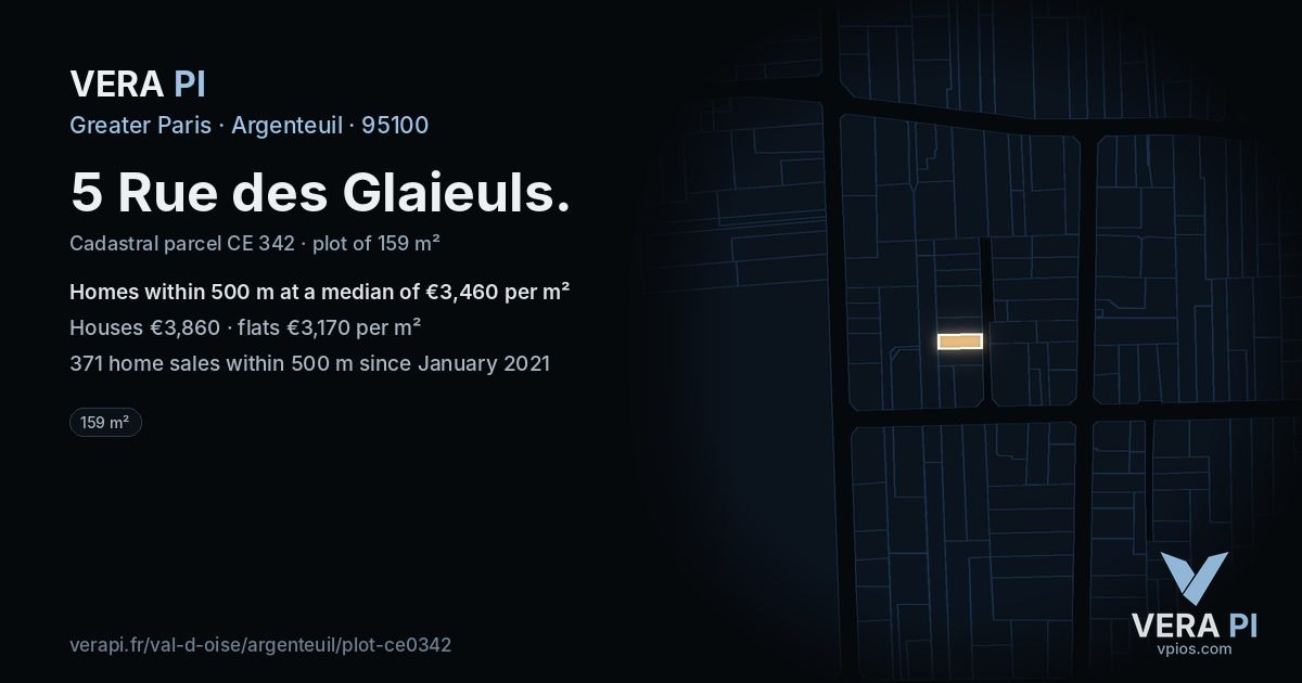 5 Rue des Glaieuls, Argenteuil at night – the plot lit, the parcels around coloured by the prices near them