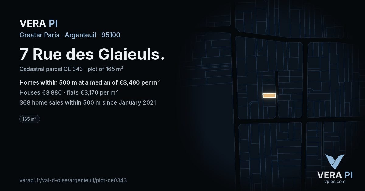 7 Rue des Glaieuls, Argenteuil at night – the plot lit, the parcels around coloured by the prices near them