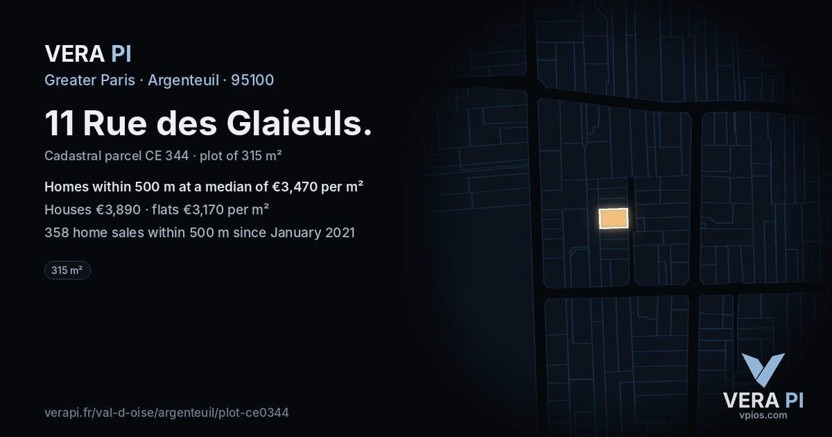11 Rue des Glaieuls, Argenteuil at night – the plot lit, the parcels around coloured by the prices near them