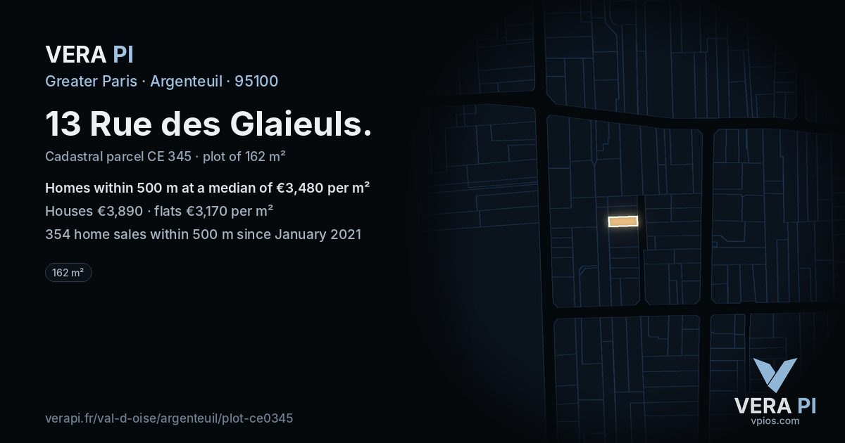 13 Rue des Glaieuls, Argenteuil at night – the plot lit, the parcels around coloured by the prices near them