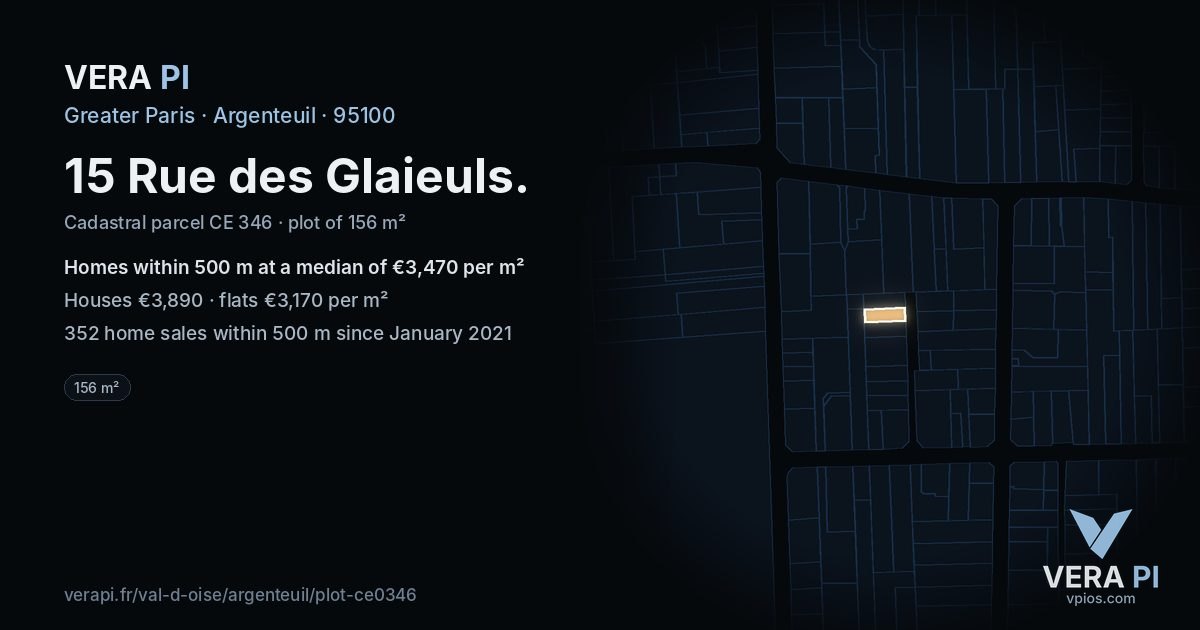 15 Rue des Glaieuls, Argenteuil at night – the plot lit, the parcels around coloured by the prices near them