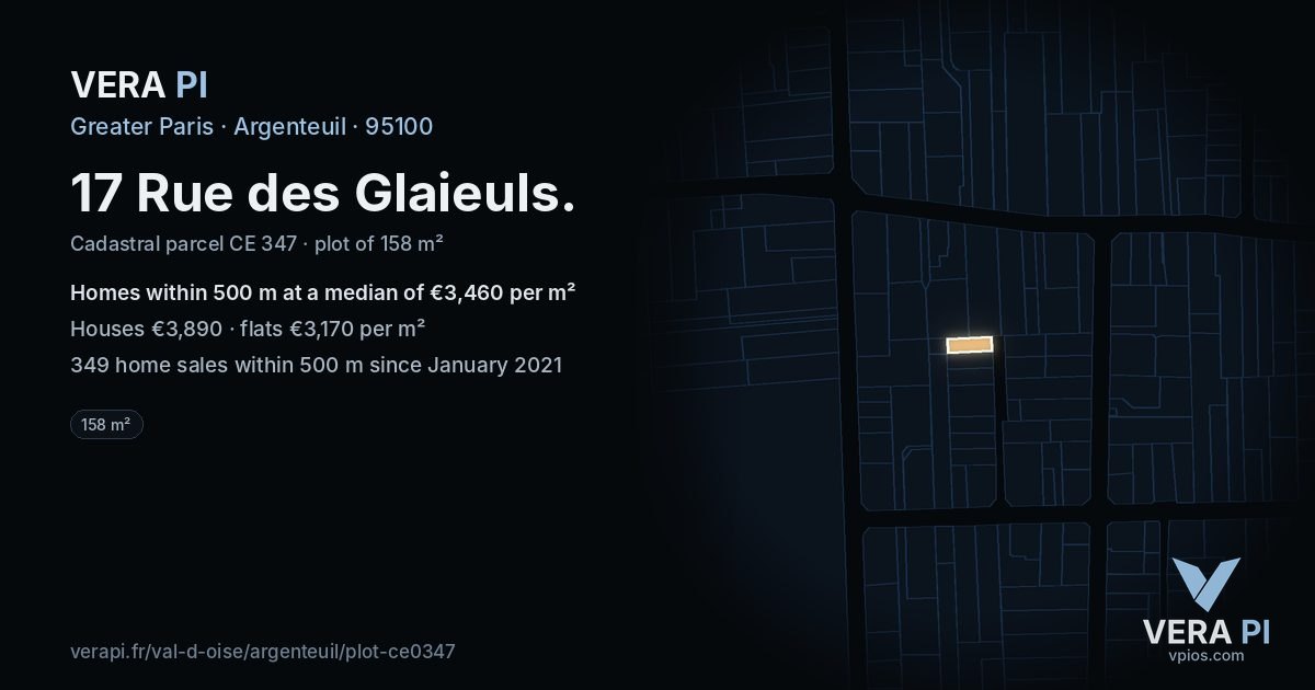17 Rue des Glaieuls, Argenteuil at night – the plot lit, the parcels around coloured by the prices near them