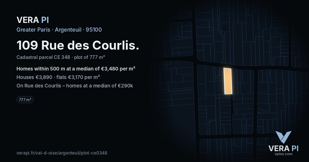 109 Rue des Courlis, Argenteuil at night – the plot lit, the parcels around coloured by the prices near them