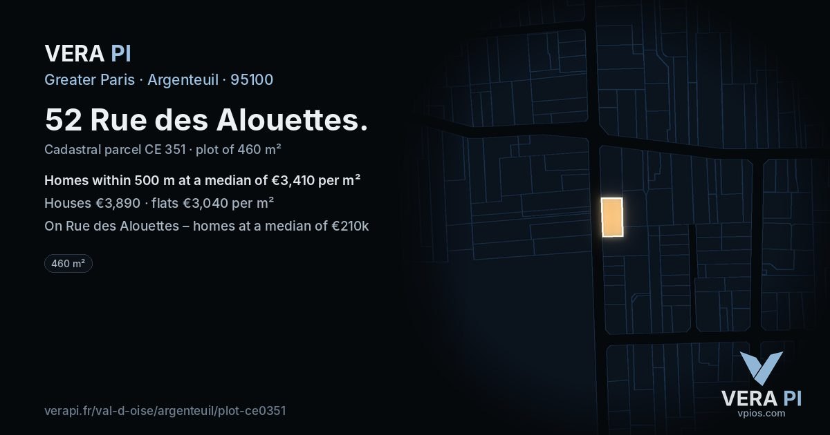 52 Rue des Alouettes, Argenteuil at night – the plot lit, the parcels around coloured by the prices near them