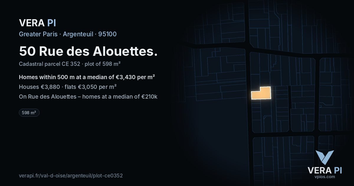 50 Rue des Alouettes, Argenteuil at night – the plot lit, the parcels around coloured by the prices near them