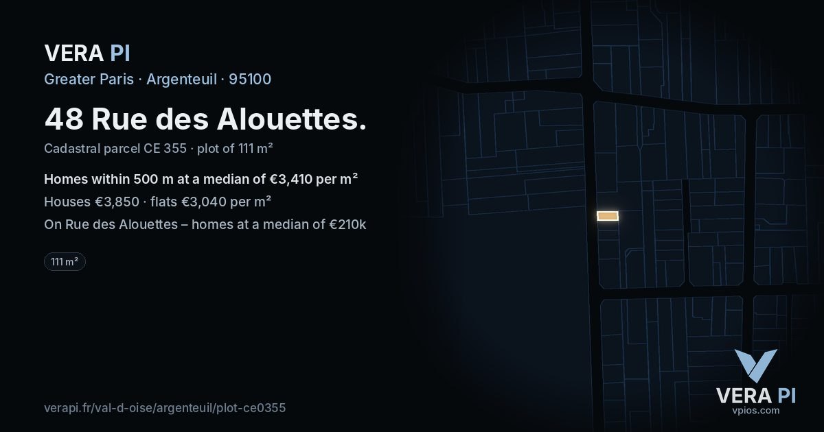 48 Rue des Alouettes, Argenteuil at night – the plot lit, the parcels around coloured by the prices near them