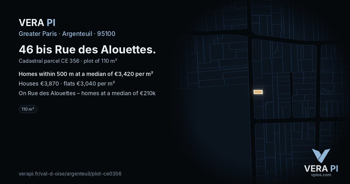 46 bis Rue des Alouettes, Argenteuil at night – the plot lit, the parcels around coloured by the prices near them