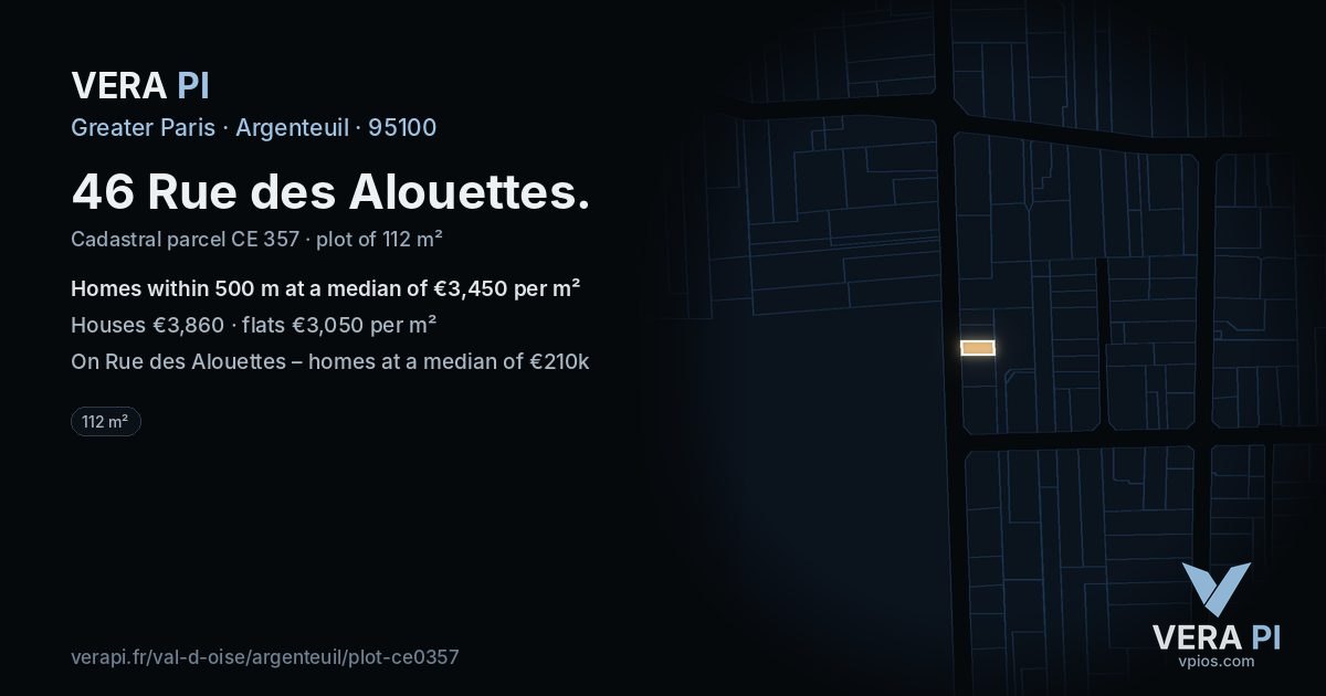 46 Rue des Alouettes, Argenteuil at night – the plot lit, the parcels around coloured by the prices near them