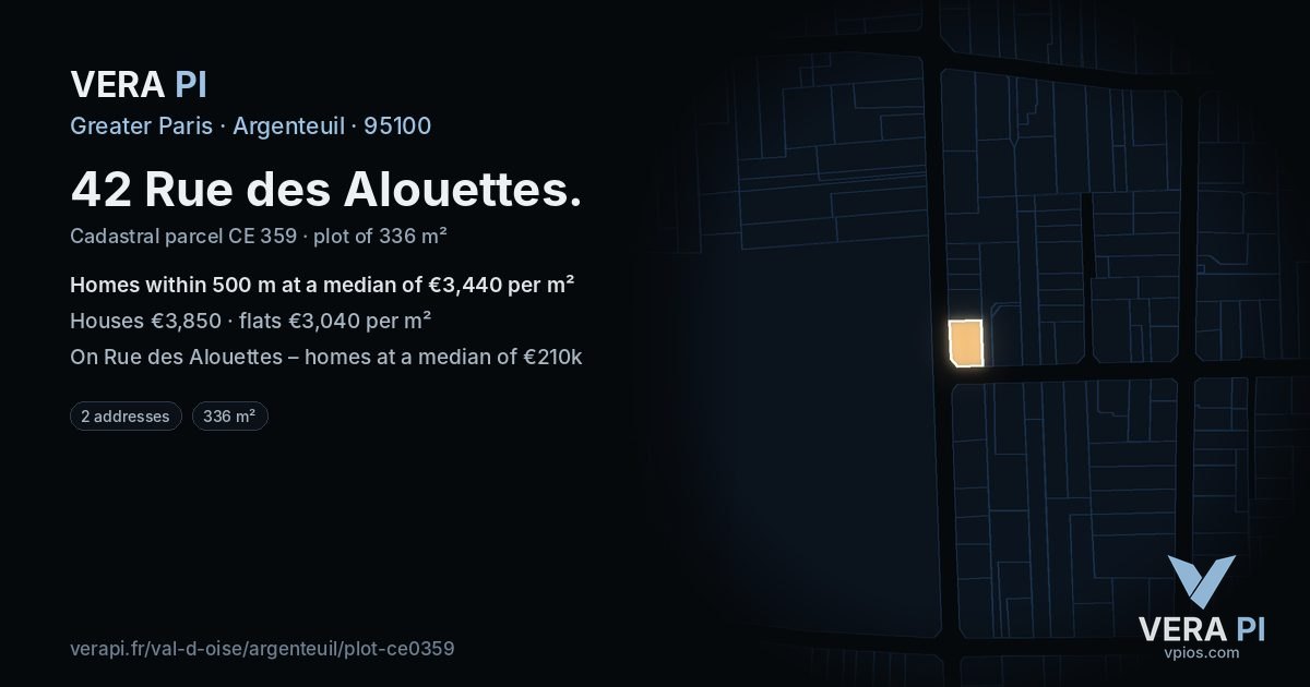 42 Rue des Alouettes, Argenteuil at night – the plot lit, the parcels around coloured by the prices near them