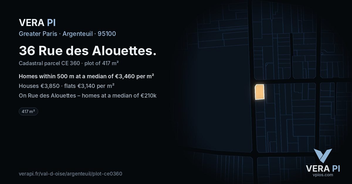 36 Rue des Alouettes, Argenteuil at night – the plot lit, the parcels around coloured by the prices near them