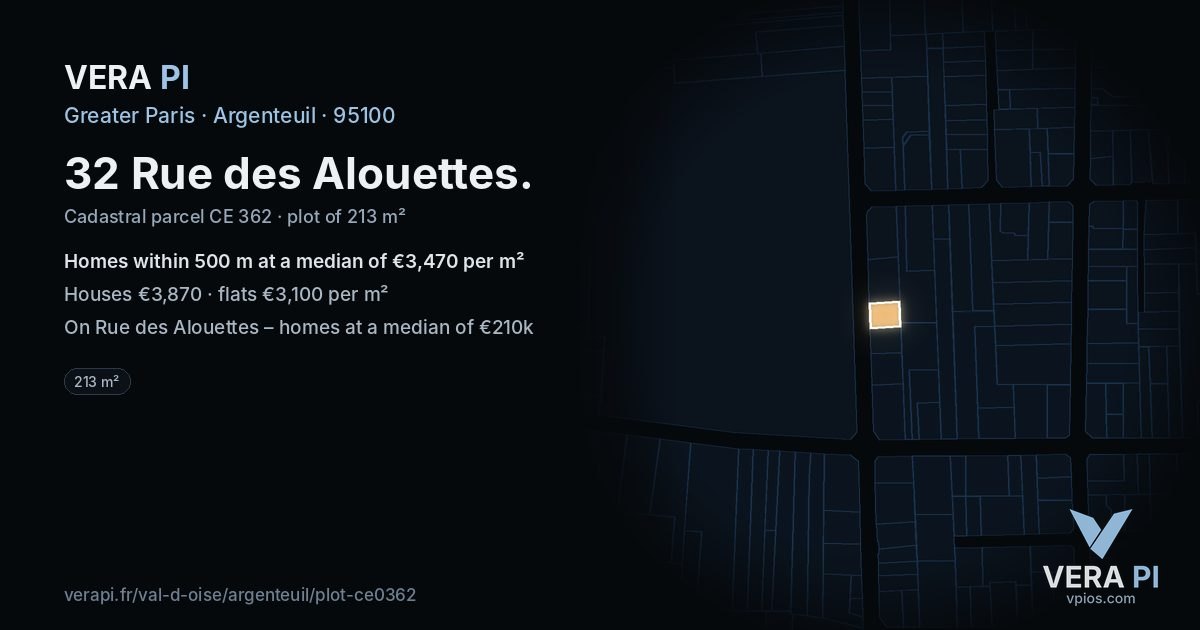 32 Rue des Alouettes, Argenteuil at night – the plot lit, the parcels around coloured by the prices near them