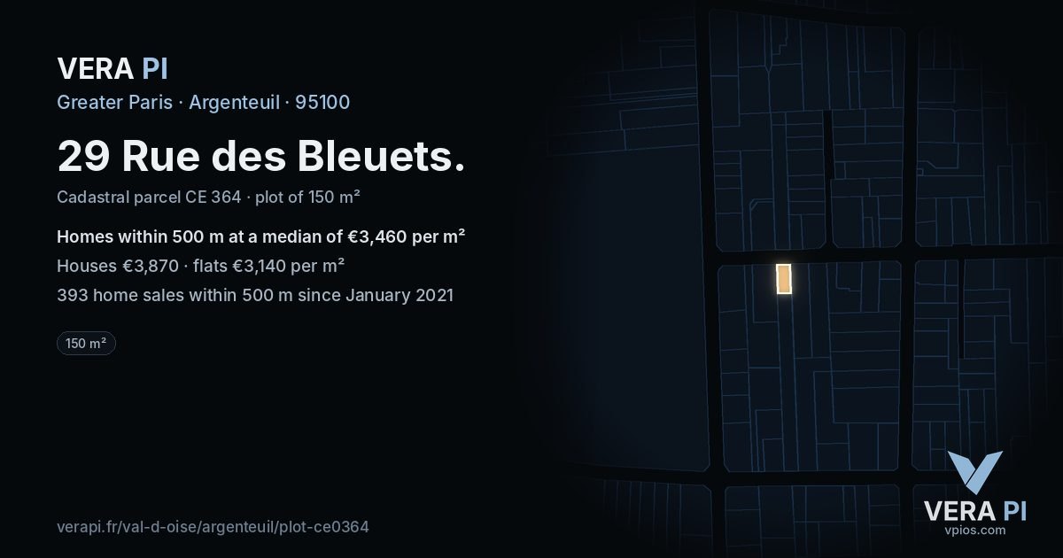 29 Rue des Bleuets, Argenteuil at night – the plot lit, the parcels around coloured by the prices near them