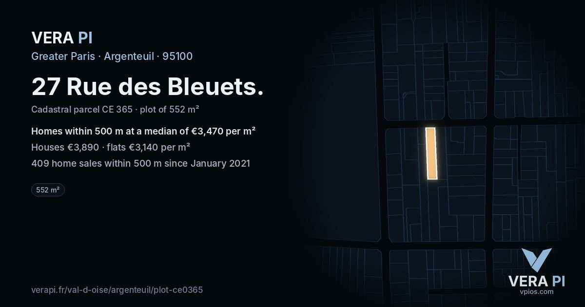 27 Rue des Bleuets, Argenteuil at night – the plot lit, the parcels around coloured by the prices near them